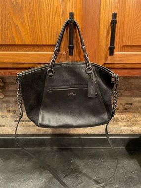 Coach Black Leather Shoulder Tote with Chain-Strap Accents